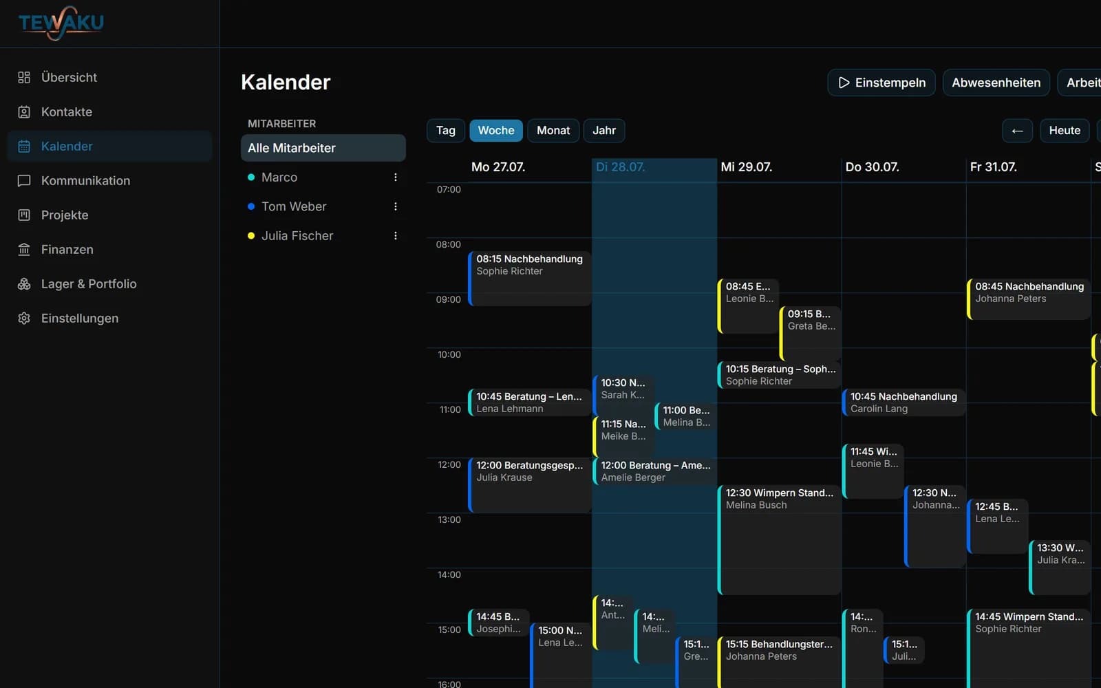 TEWAKU-Kalender: Wochenansicht mit Terminen mehrerer Mitarbeiter